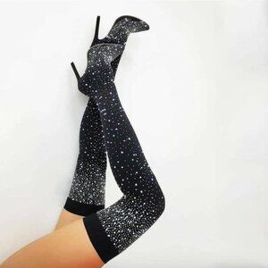 Crystal Rhinestone Bling Stocking‎ Over Knee Boots Thigh High Heeled Sock Boots
